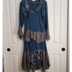 Blue Floral Bohemian Long Sleeve Lace Trim Top and Skirt Unique Design
