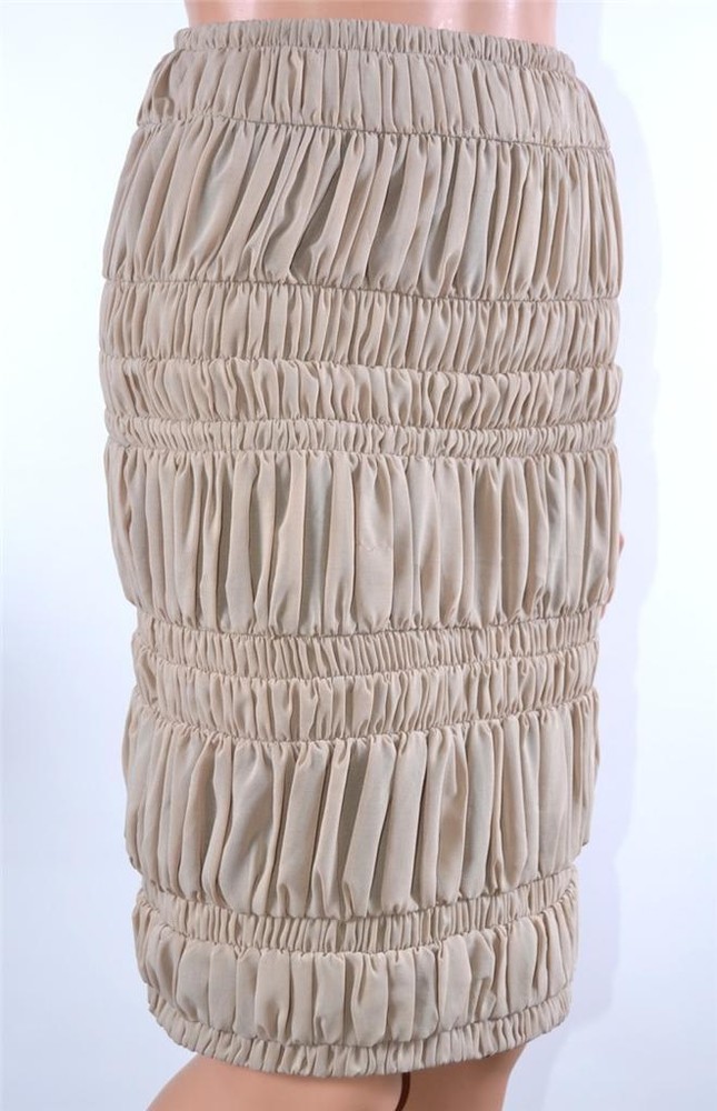 New Burberry Prorsum $1,495 Mink Beige Silk Ruched Plisse Runway Skirt 8 42