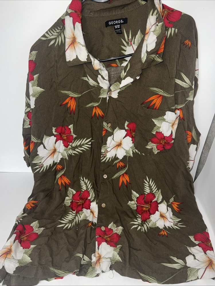 GEORGE Hawaiian Shirt Men’s 3XL- Sh. Sleeve Camp RAYON Brown w/ floral D2 54-56