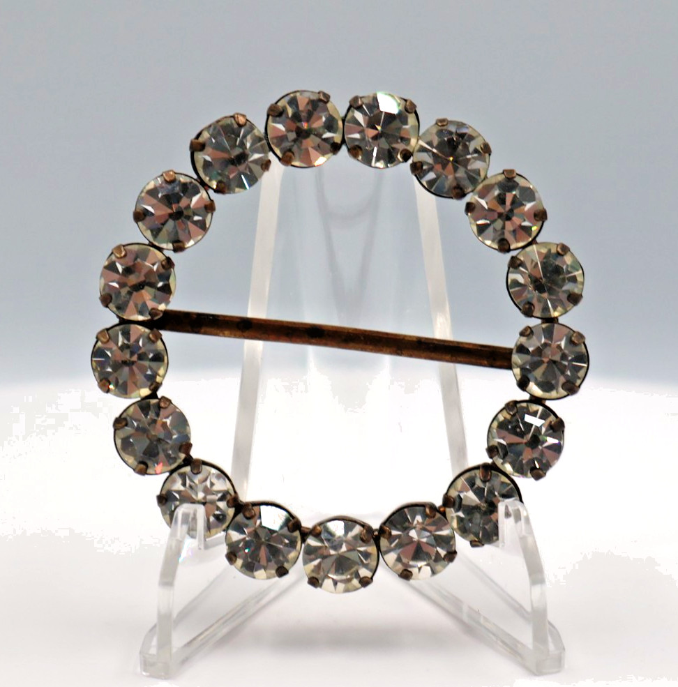 Vintage Brass with Seventeen 6mm Crystal Rhinestones Belt Buckle 2.25 Inches