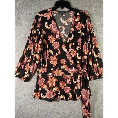 Lauren Ralph Lauren Black Floral Wrap Peplum Top 3/4 Sleeve Small