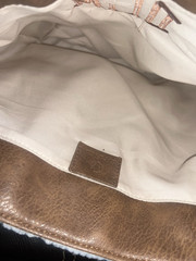 Women’s White Tote Bag Brown Double Leather Handles Hot Stamped Monogram