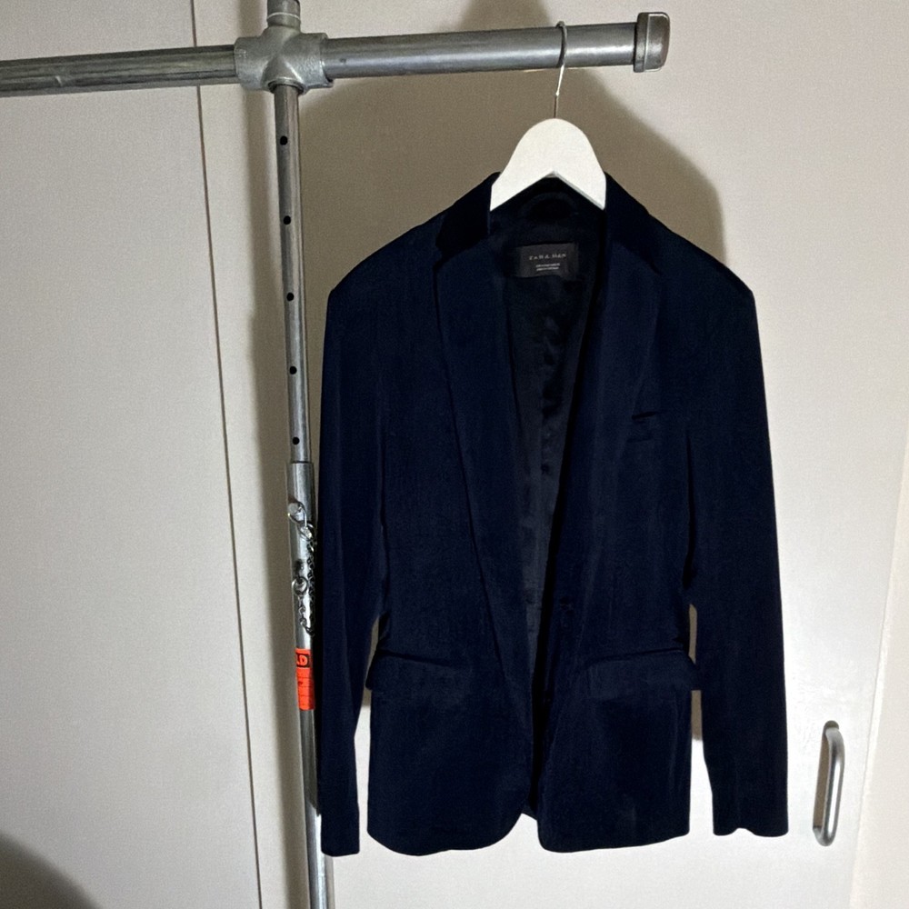 ZARA MAN Blue Solid Polyester Notch Lapel Blazer Jacket Men’s Size 38
