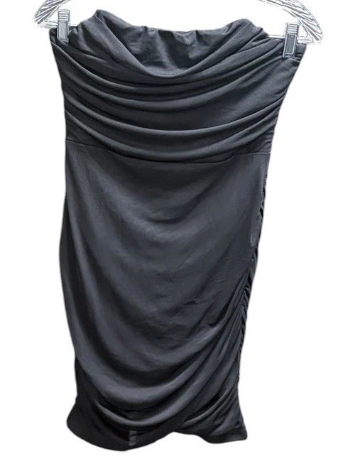Black Strapless Ruched Bodycon Dress Medium Cowl Neck Stretch Cocktail Party