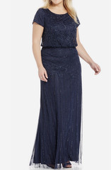 Adrianna Papell Plus Size Bead-Illusion Blouson Dress – Navy Size 14 NWT