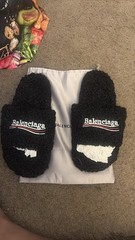 Balenciaga Men’s Black Logo Faux Fur Open Toe Slide Sandals US 10