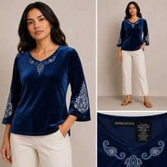Collections Etc Blue Velvet Embroidered Top Womens Large Velour Boho Blouse
