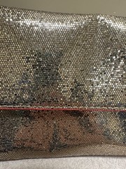 Estée Lauder Gold Glitter Solid Clutch Wrist Strap Magnetic Red Lining Women