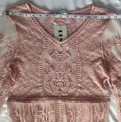 Renjo Long Sleeve Floral Lace Sheer Mesh With Cotton Embroidery Coral Pink
