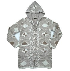 ZEVA Womens L Hooded Sweater Coat Beige White Geometric Zip Cardigan