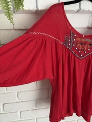 Free People Red Embroidered Scoop Neck Peasant Dolman 3/4 Sleeve S/P