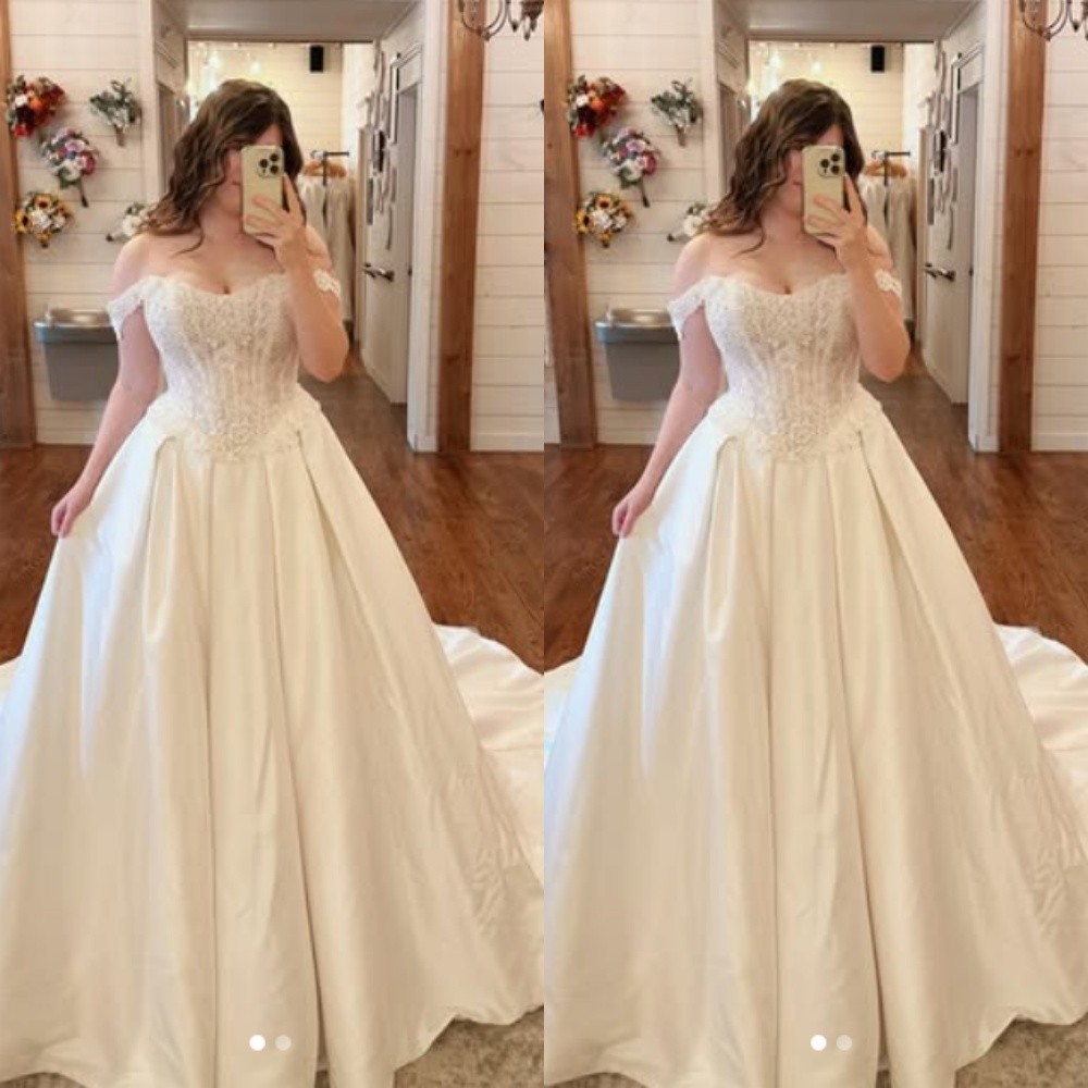 Classic Wedding Dresses With Side Pockets Satin Off Shoulder Bridal Gowns