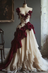 Classic Wedding Dress Champagne Burgundy flowers with Straps A Line Bridal Gowns