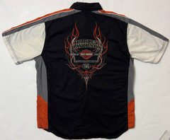 Harley-Davidson Mens L Garage Shirt Black Orange Colorblock Flames Embroidered
