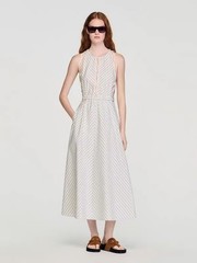 Sandro Lace edged diagonal stripe elastic high waisted sleeveless round neckdres