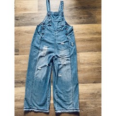 Distressed Wide Leg Denim Overalls Light Wash Blue Frayed Hem Size S C3C000
