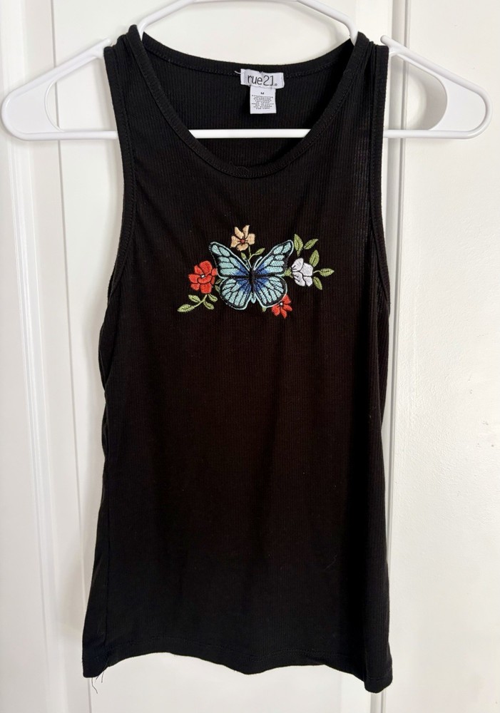 Butterfly Embroidered Ribbed Tank Top Women’s Medium Black Y2K Fairycore