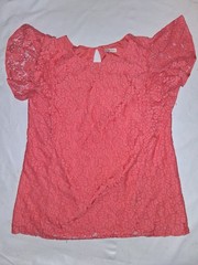 Merona Women’s Lace Blouse Flutter Sleeve Button Back Coral Size XL