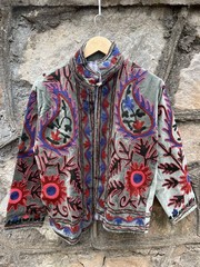Vintage Kashmiri Embroidered Velvet Jacket Boho Floral Festival Coat Women