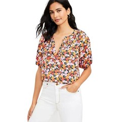 Ann Taylor LOFT Shirt Floral Puff Short Sleeve Tie V Neck Peasant Top Small