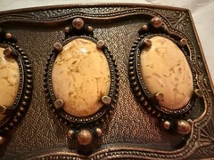 Agate Belt Buckle VTG Ornate 3 Large Stones 2.25 X3.25 Inches Brass USA
