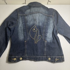 Vintage Y2K Baby Phat Women’s Blue Jean Jacket Gold Embroidered Cat Logo Size M