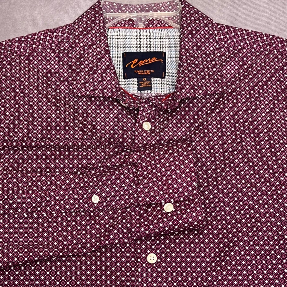 Egara Button Down Shirt Mens XL Burgundy Slim Fit Stretch Non Iron Geometric