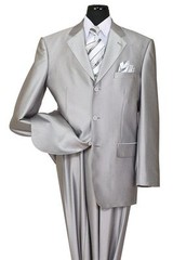Men’s 3 Button Elegant Wool Feel Sharkskin Look Suit Color Silver 58025