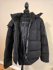 Kendall + Kylie Women’s Black Hooded Faux Fur Trim Puffer Full Zip Pockets L