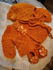 Fall Pumpkin Color Handmade Crochet Baby Jacket Set- Accents Easily Removed