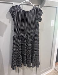 Women’s Size M Black White Polka Dot Round Neck Fit & Flare Knee Dress Ruffle