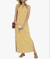 Women’s Yellow/White Floral V-Neck Sleeveless Maxi Dress w/ Pockets Slit