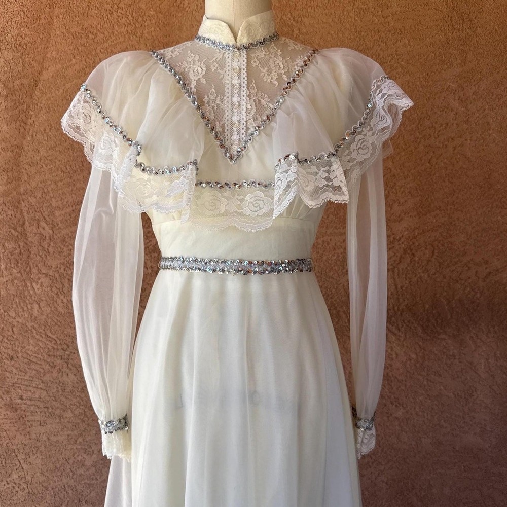 Helen Joy 1970s Sequin Lace Wedding Dress with Detachable Belt