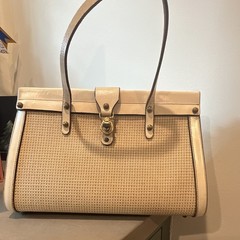 Mark Cross Woven Beige/Cream Satchel Top Handle Buckle Closure Gold HW