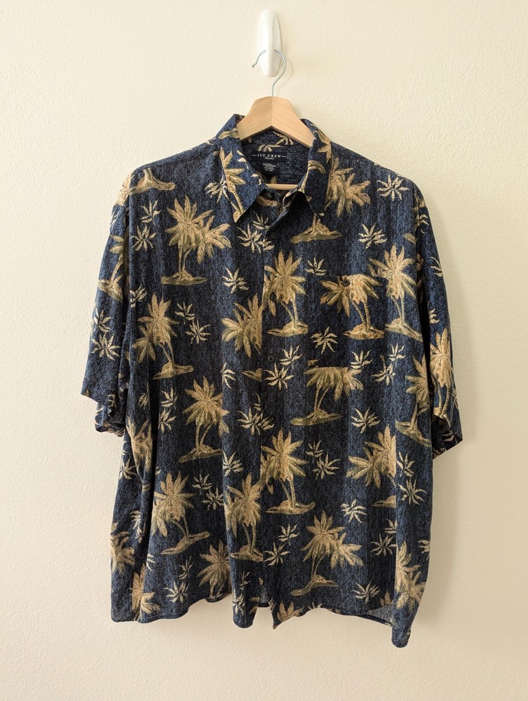 Ivy Crew XXL Tropical Palm Tree 100% Rayon Shirt Short Sleeve Button Up Blue