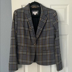 Merona Womens Gray Yellow Blue Plaid Single Button Blazer Jacket Size 6