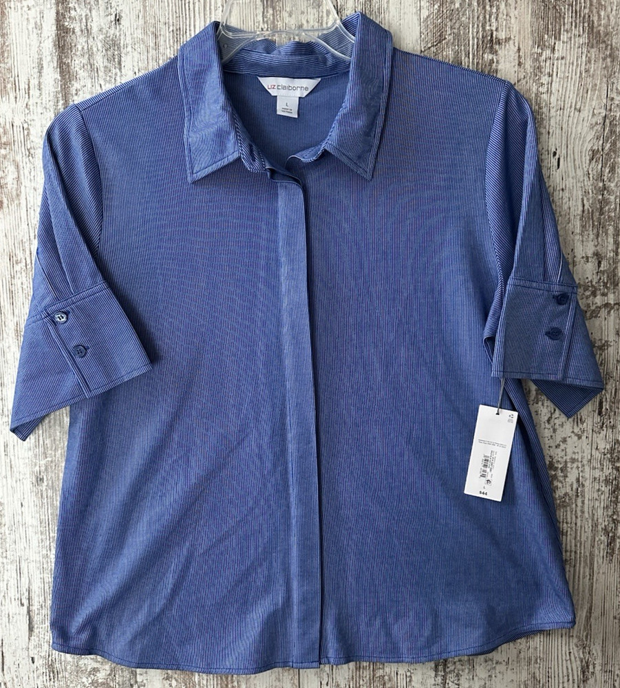LIZ CLAIBORNE Women’s Size L Blue Stripe Button Front S/S Stretch Knit Top NWT