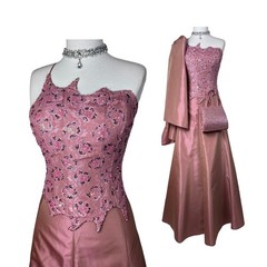 Vintage Pink Corset Prom Dress Set: Y2K Prom Gown Satin Gown, Glitter Bustier