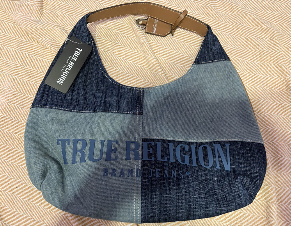 True Religion Women’s Medium Crescent Hobo Bag Blue Logo Zip, Brown Strap
