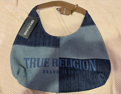 True Religion Women’s Medium Crescent Hobo Bag Blue Logo Zip, Brown Strap