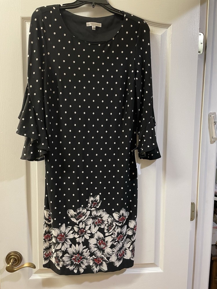 Sandra Darren Women’s Knee Length Dress Black A, 3/4 Sleeve, Size 10