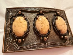 Agate Belt Buckle VTG Ornate 3 Large Stones 2.25 X3.25 Inches Brass USA
