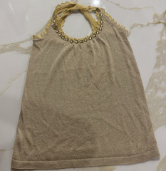 Y2K Gold Halter Tank Top Shimmer Womens Size S Sleeveless Lace Trim Studded