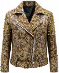 Spiked Studded Snakeskin Leather Jacket Punk Rock Heavy Metal Moto Biker Belted