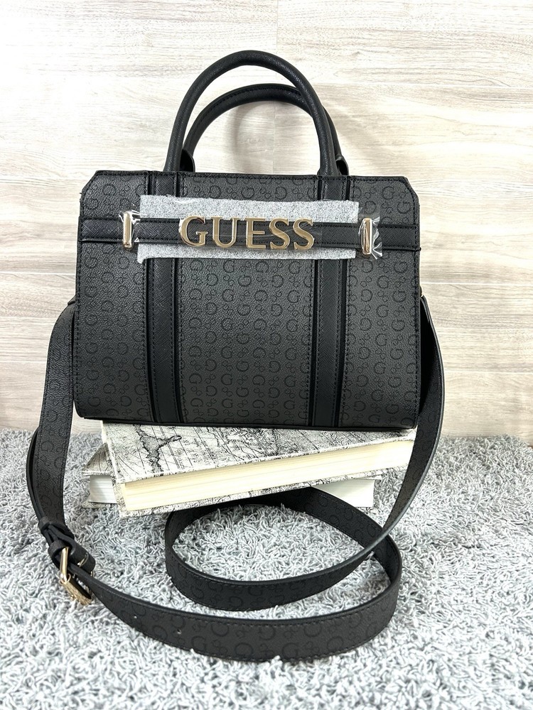 GUESS Black Structured Satchel Bag Gold Logo Crossbody Strap New with Tags