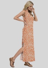 Women’s Orange/White Floral V-Neck Sleeveless Long Maxi Dress Side Slit