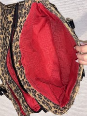 Leopard Print Satchel Top Handle Bag Tan/Black Zip, Detachable Strap, Red Lined