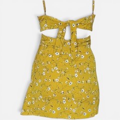 Women’s Yellow Floral Straight Neck Strappy Tie Back Cutout Mini Dress Size S