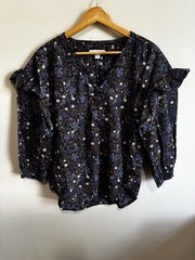 Free Assembly Floral Ruffle Shoulder Blouse Navy Blue Boho Cottagecore M