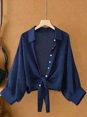 Women Oversized Shirt Collar Bishop Half Sleeve Casual Knot Blouse Long Top